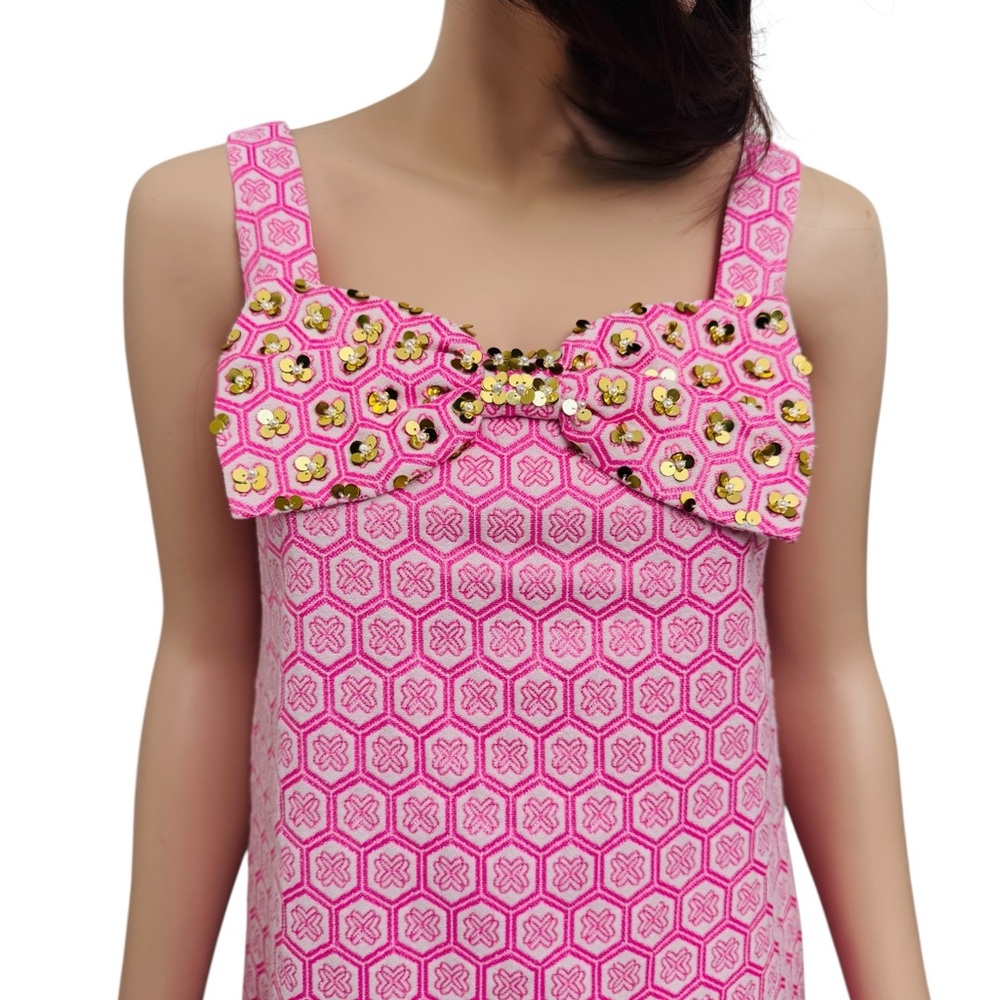 NWOT Lilly Pulitzer Pink Pink Shift Mini Dress Sleeveless Embellished Neckline - Picture 3 of 13